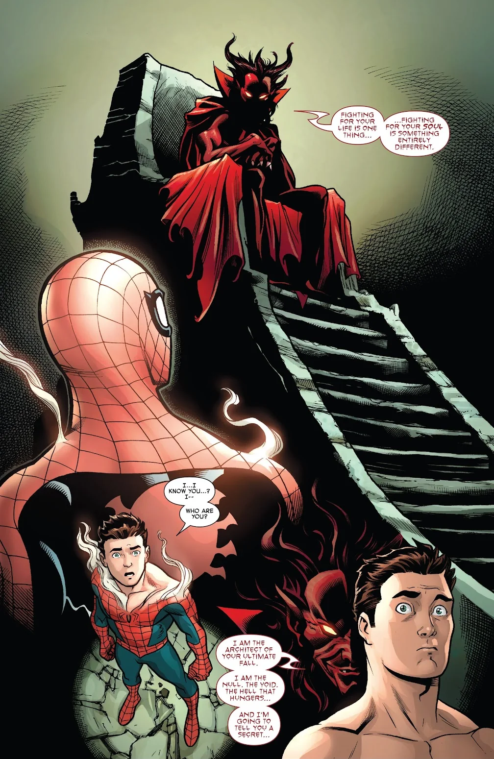 Mephisto on his throne, with Spider-Man and Peter Parker before him
