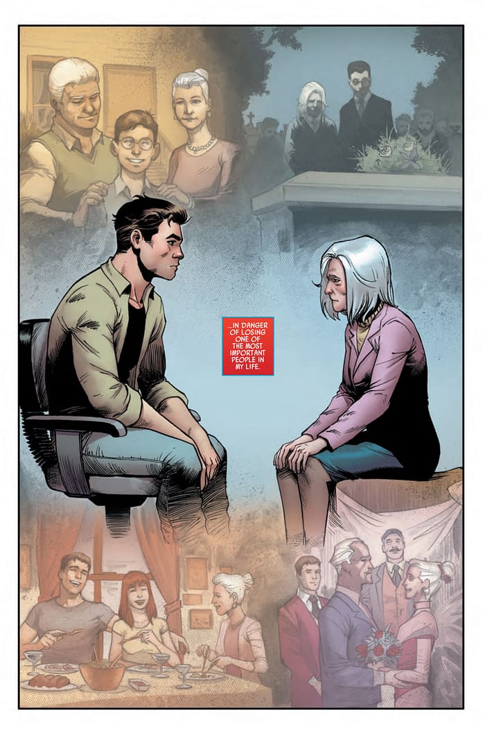 Peter and Aunt May sit across from each other in a doctor's office, surrounded by flashback panels to Ben and May
