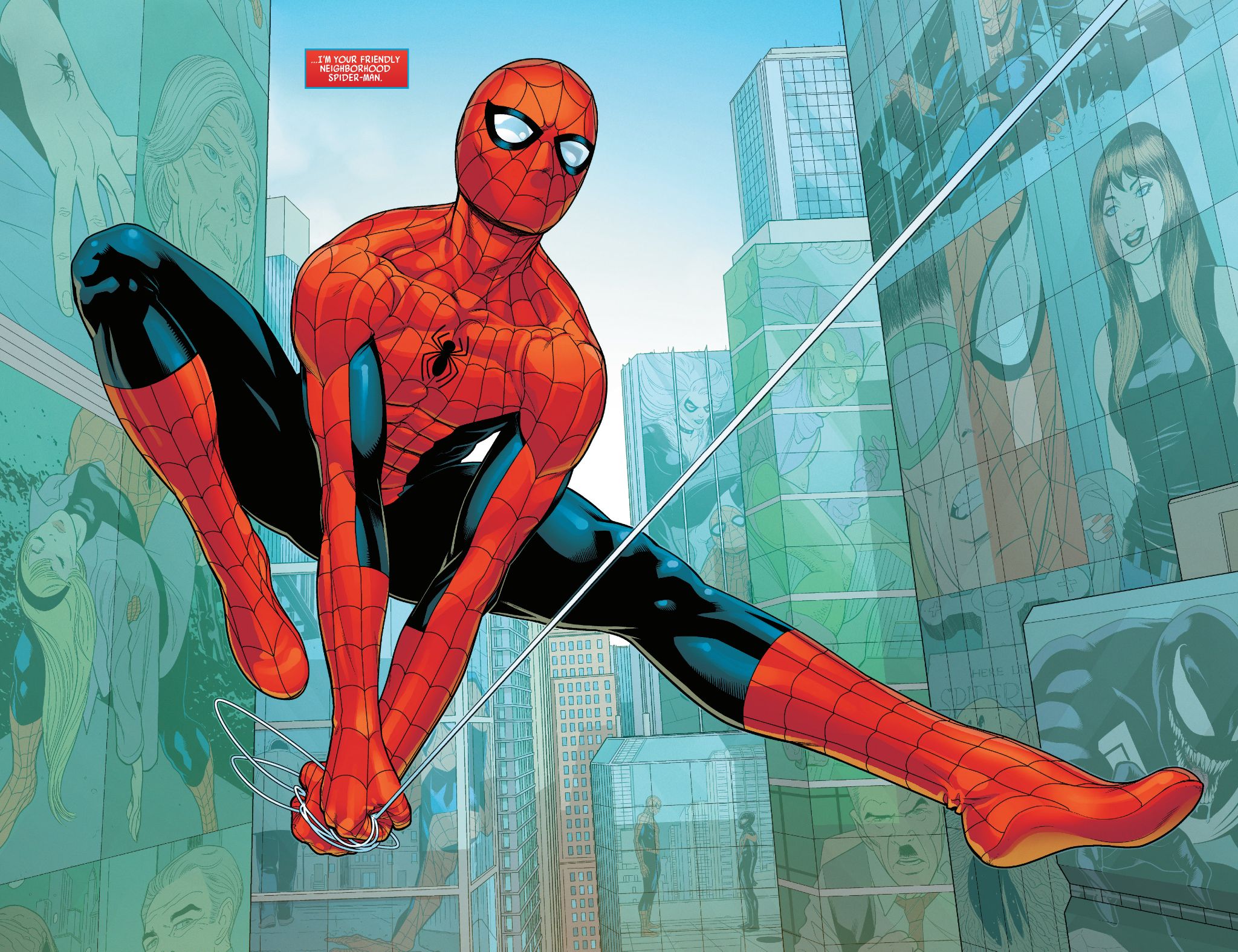 Spider-Man swinging through NYC with reflections of his supporting cast in the building windows